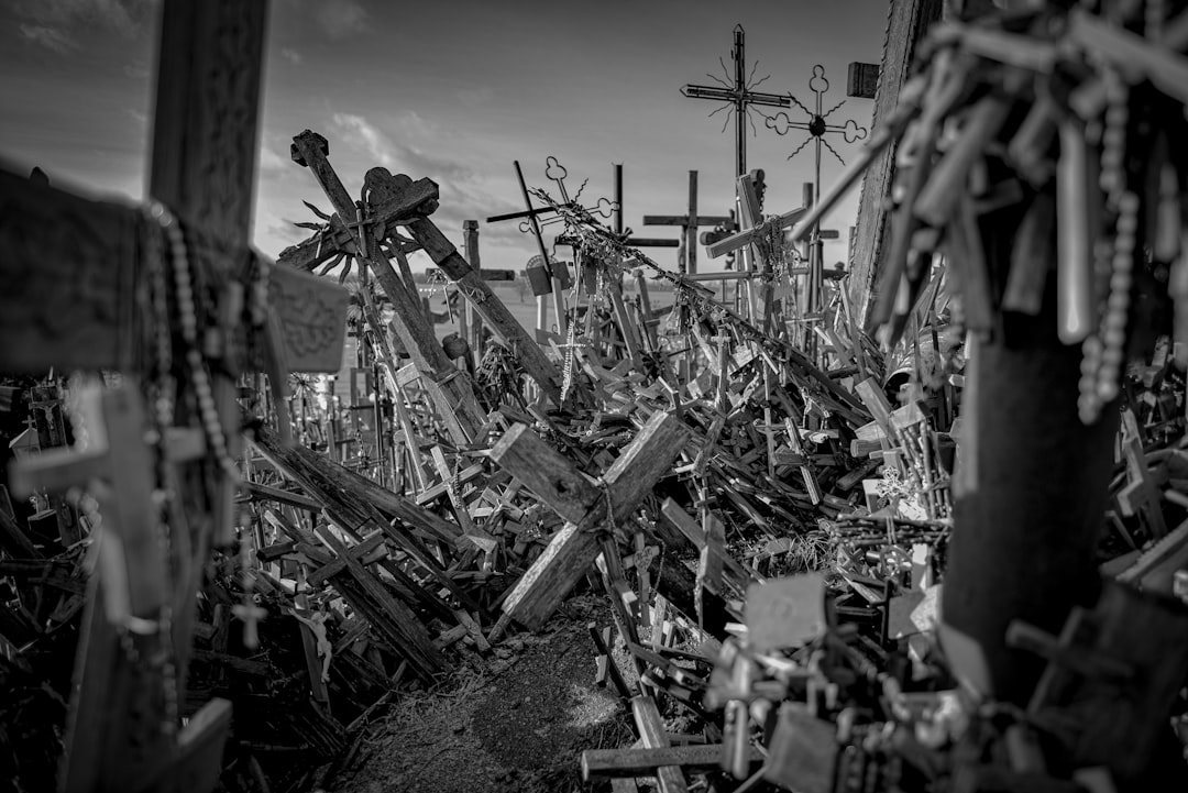 A black and white photo of a bunch of crosses